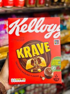 Kellogg's Krave Chocolate Hazelnut cereal crispy pillows with chocolate hazelnut filling