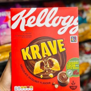 Kellogg's Krave Chocolate Hazelnut cereal crispy pillows with chocolate hazelnut filling